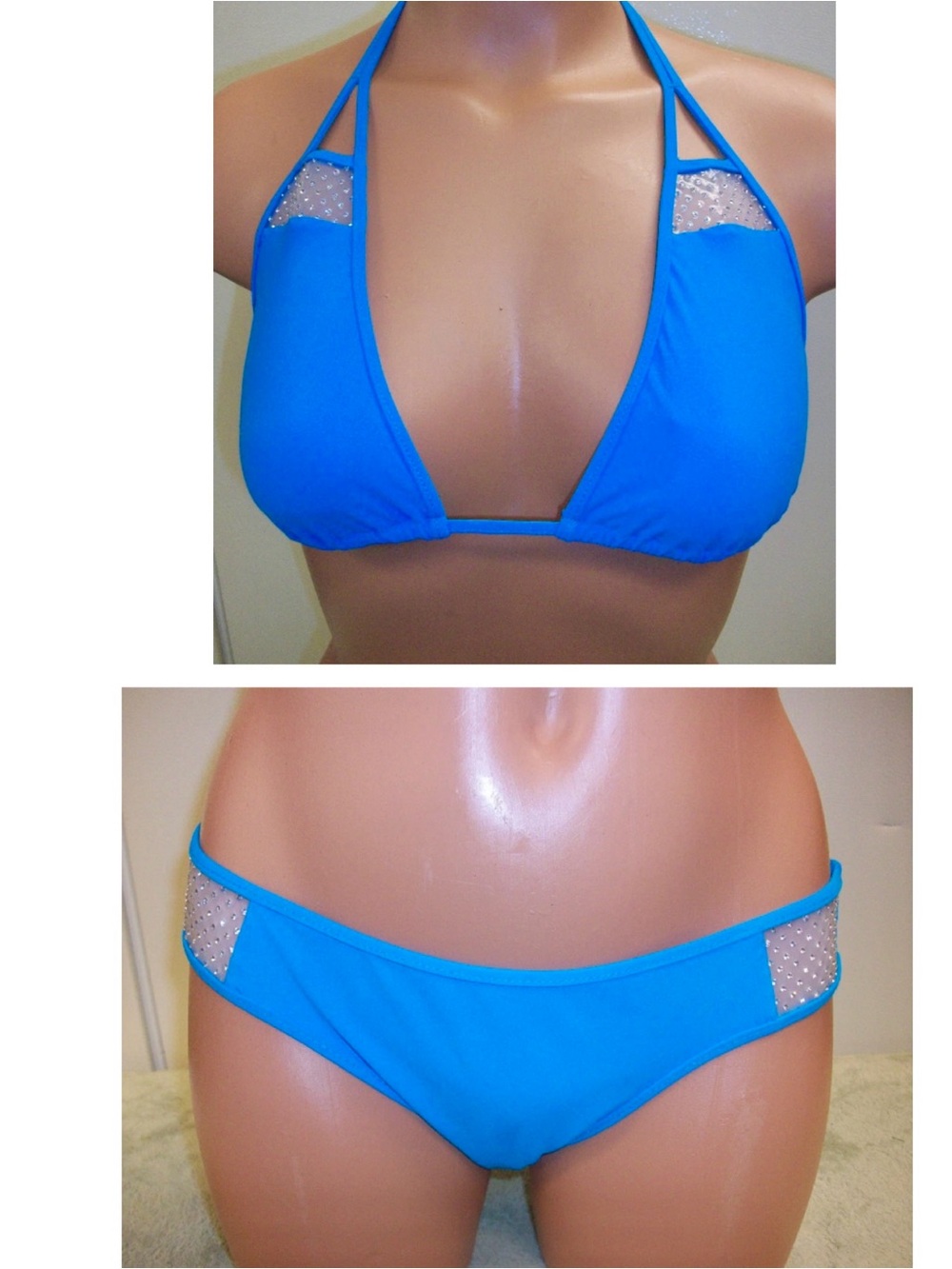 SAUVAGE Electric Blue Swarovski Crystal Bikini Set Top L Bottom M NWOT